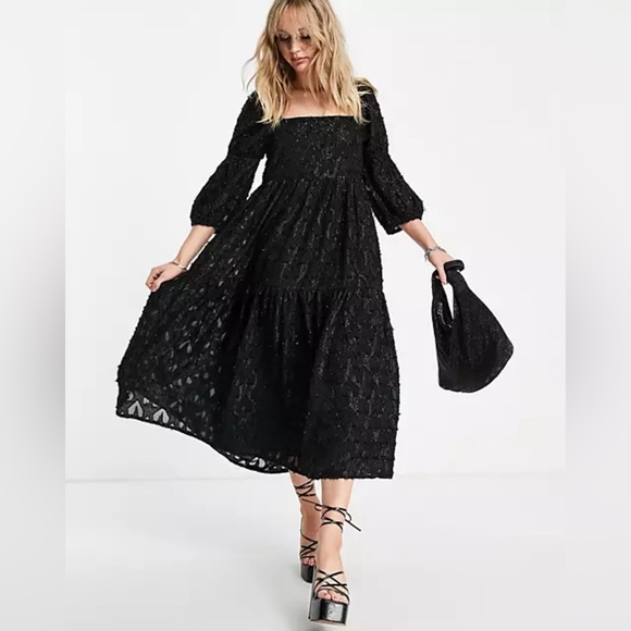 Topshop jacquard chuck on midi dress black metallic lace tiered size 6 - Picture 1 of 13